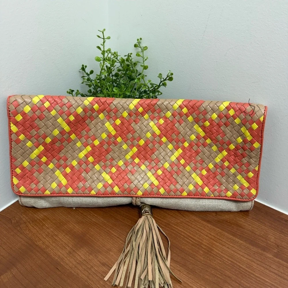Sam Edelman Women Clutch Bright Multi Zip Top Woven EUC